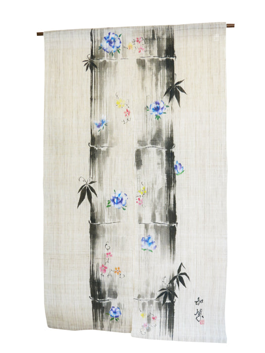 濡れ描き友禅 麻のれん(竹と花)