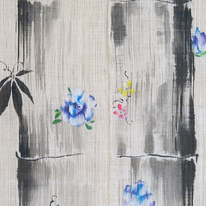 濡れ描き友禅 麻のれん(竹と花)