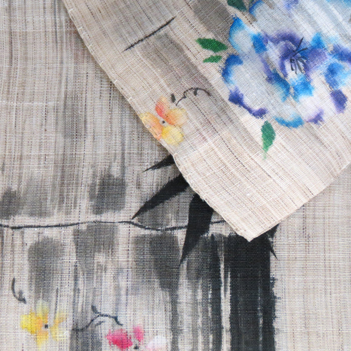 濡れ描き友禅 麻のれん(竹と花)