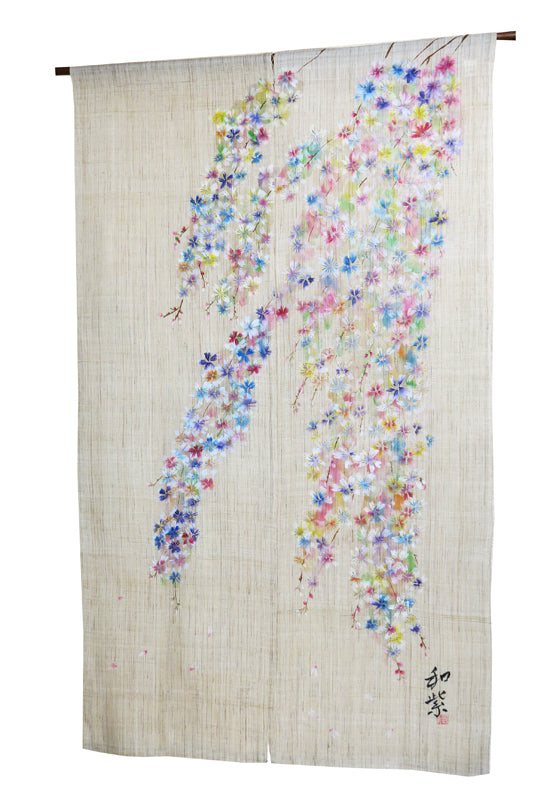 Hemp noren (weeping cherry blossoms) irodori shidaresakura
