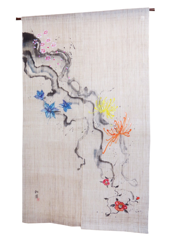 濡れ描き友禅 麻のれん(風と四季の花)