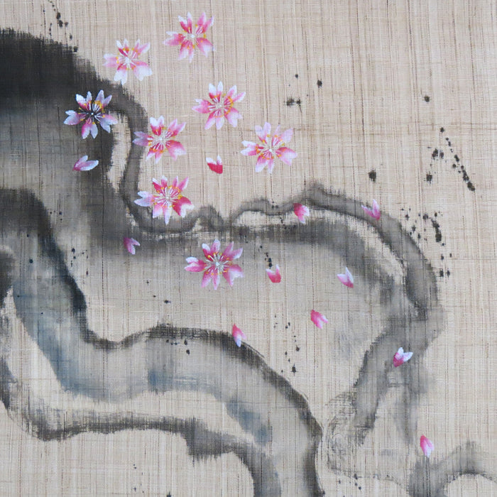 濡れ描き友禅 麻のれん(風と四季の花)