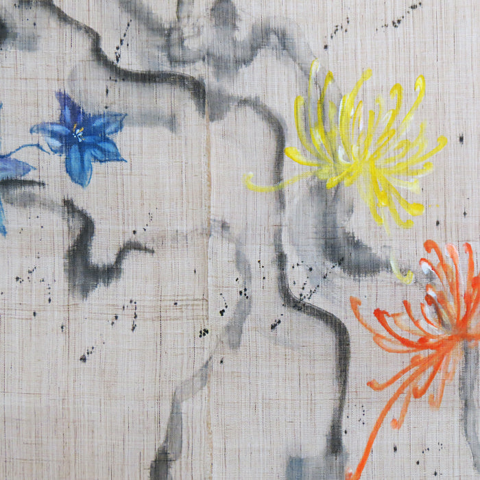 濡れ描き友禅 麻のれん(風と四季の花)