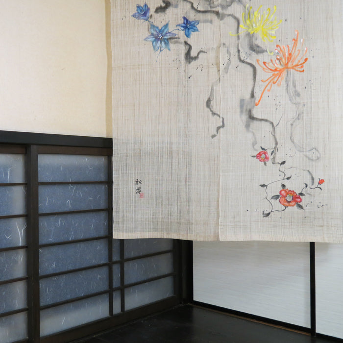 濡れ描き友禅 麻のれん(風と四季の花)
