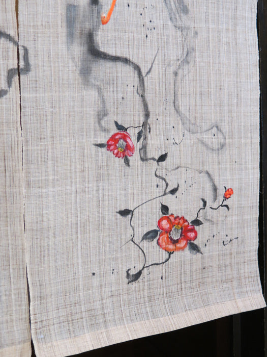 濡れ描き友禅 麻のれん(風と四季の花)