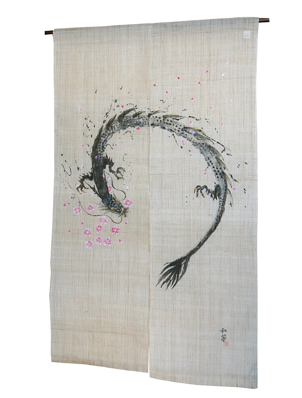 濡れ描き友禅 麻のれん(龍と舞い上がる桜)
