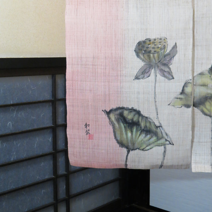 濡れ描き友禅 麻のれん(蓮と天道虫)