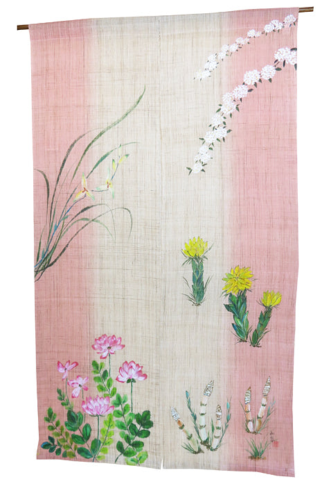 濡れ描き友禅 麻のれん(春の花達)