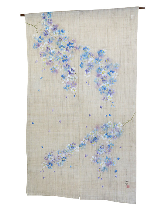濡れ描き友禅 麻のれん(ブルー紫桜)