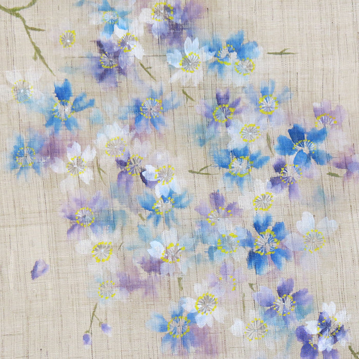 濡れ描き友禅 麻のれん(ブルー紫桜)