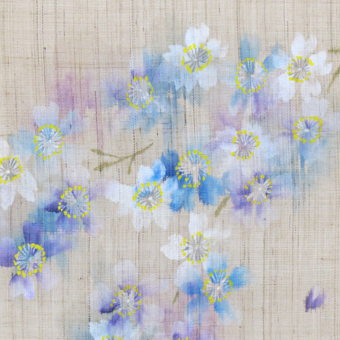 濡れ描き友禅 麻のれん(ブルー紫桜)