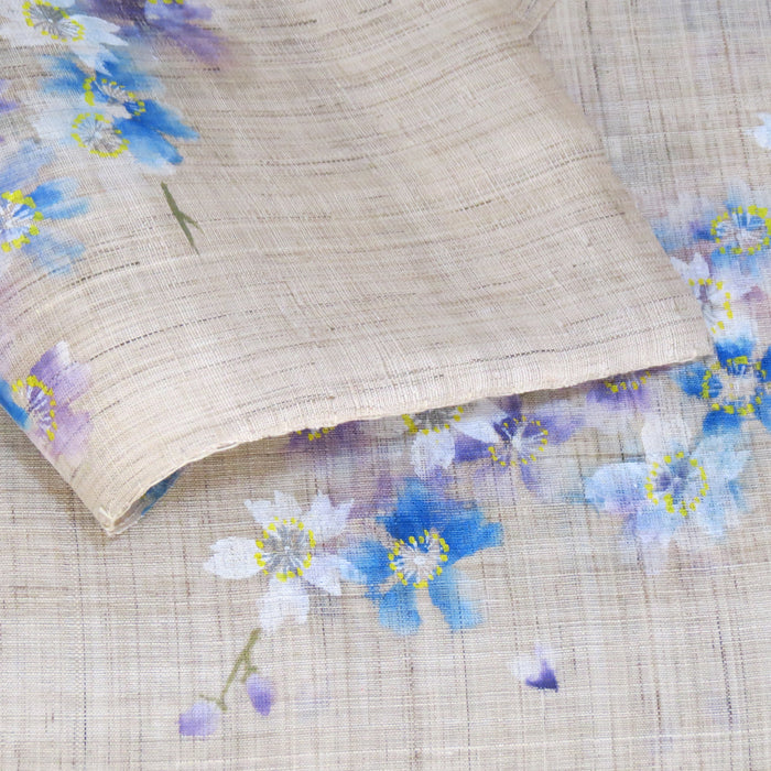 濡れ描き友禅 麻のれん(ブルー紫桜)