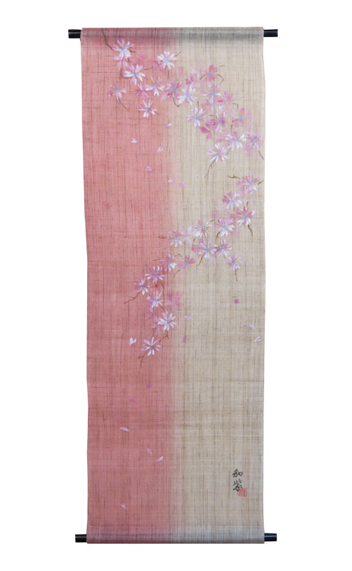和風モダンタペストリー(ピンク桜)濡れ描き友禅W約44×H130cm