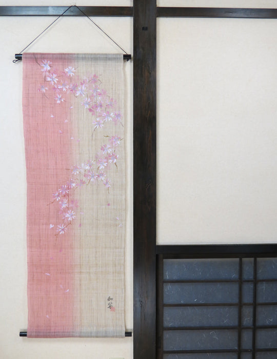 和風モダンタペストリー(ピンク桜)濡れ描き友禅W約44×H130cm