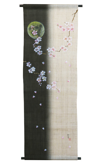 和風モダンタペストリー(月と桜)濡れ描き友禅W約44×H130cm