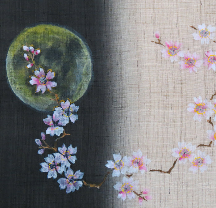 和風モダンタペストリー(月と桜)濡れ描き友禅W約44×H130cm