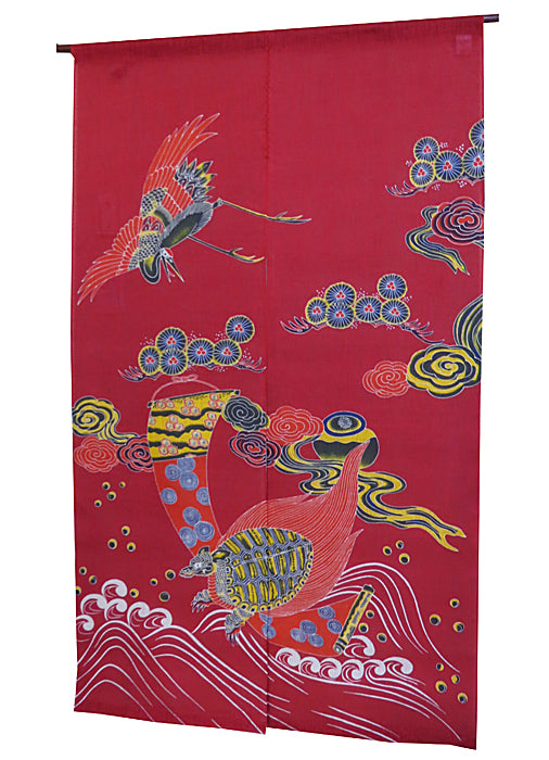 Stencil-dyed linen curtain (crane and turtle design)