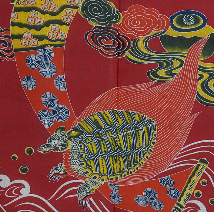 Stencil-dyed linen curtain (crane and turtle design)
