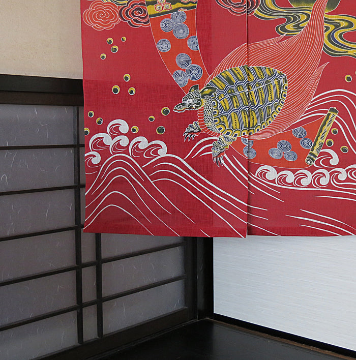 Stencil-dyed linen curtain (crane and turtle design)