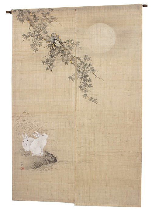 Linen curtain (Autumn leaves with gold rabbit design) / Fujisawa Shokei / Made to order in 40 days