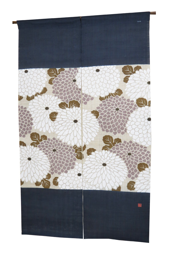 Hemp noren (round chrysanthemum dark blue) maukiku rurimon