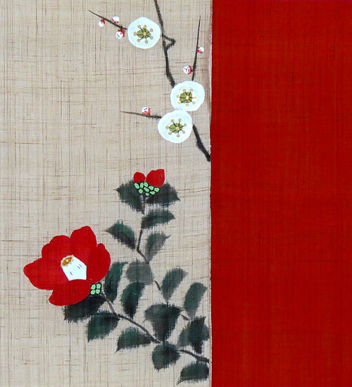 麻のれん(椿に白梅)