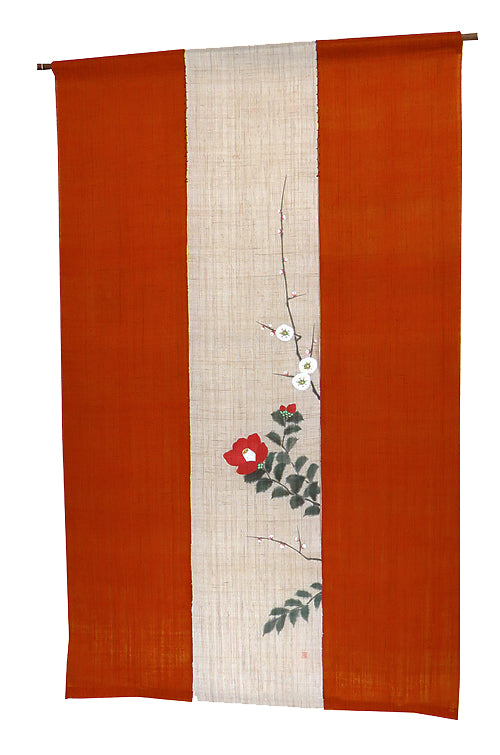 Hemp noren (Camellia and white plum) tubaki ni hakubai