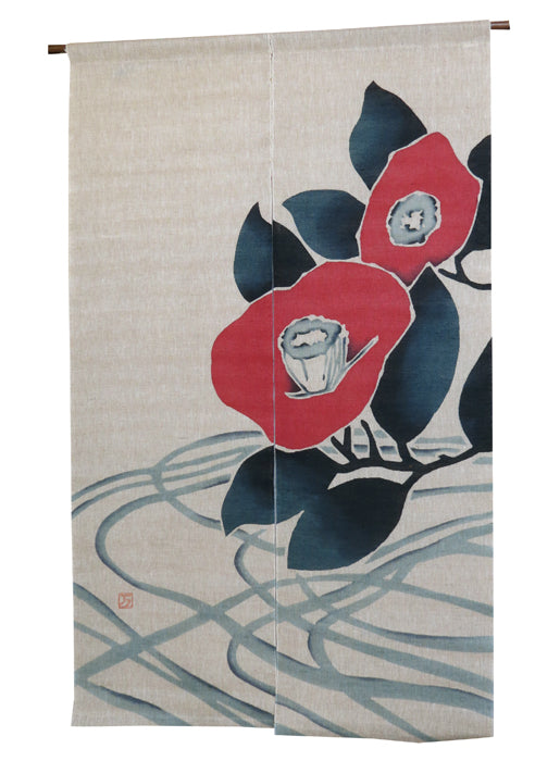 Batik linen curtain (red camellia)benitsubaki