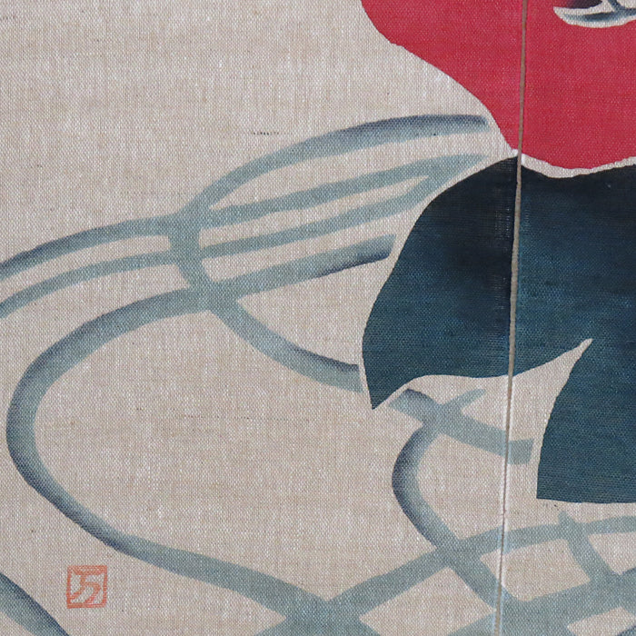 Batik linen curtain (red camellia)benitsubaki