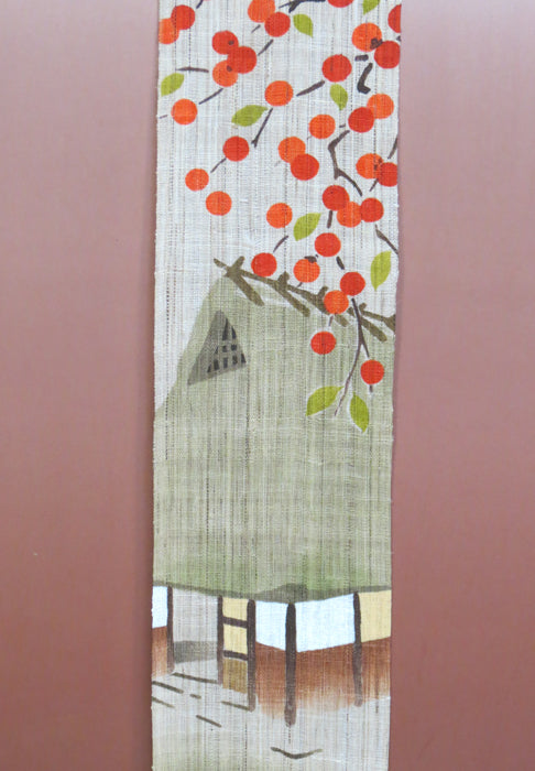 細タペストリー(茅葺屋根に柿)