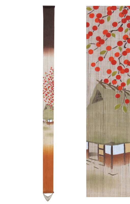 細タペストリー(茅葺屋根に柿)