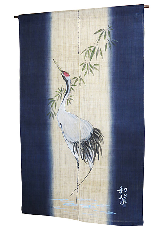 濡れ描き友禅 麻のれん(鶴)