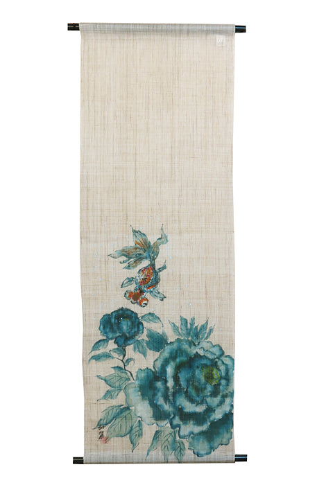 Japanese-style modern tapestry (Blue peony and popeyed goldfish) aobotan to demekin