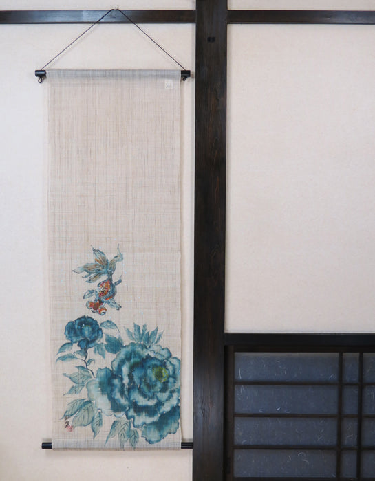 Japanese-style modern tapestry (Blue peony and popeyed goldfish) aobotan to demekin