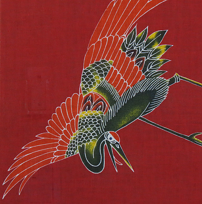 Stencil-dyed linen curtain (crane and turtle design)