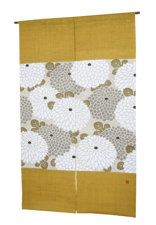 Linen curtain (round chrysanthemum, mustard green) marukiku karashiiro