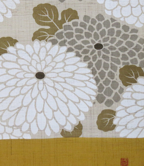 Linen curtain (round chrysanthemum, mustard green) marukiku karashiiro