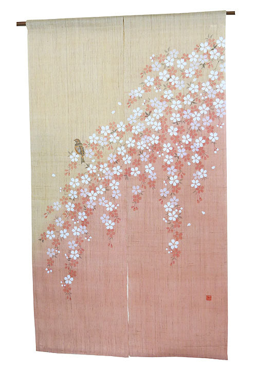 Hemp noren (Cherry blossoms & Japanese tit ) 