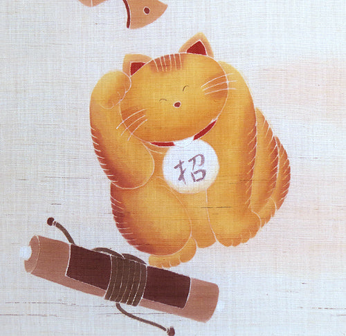Hemp noren hand-painted Yuzen (beckoning cat) manekineko /Made-to-order